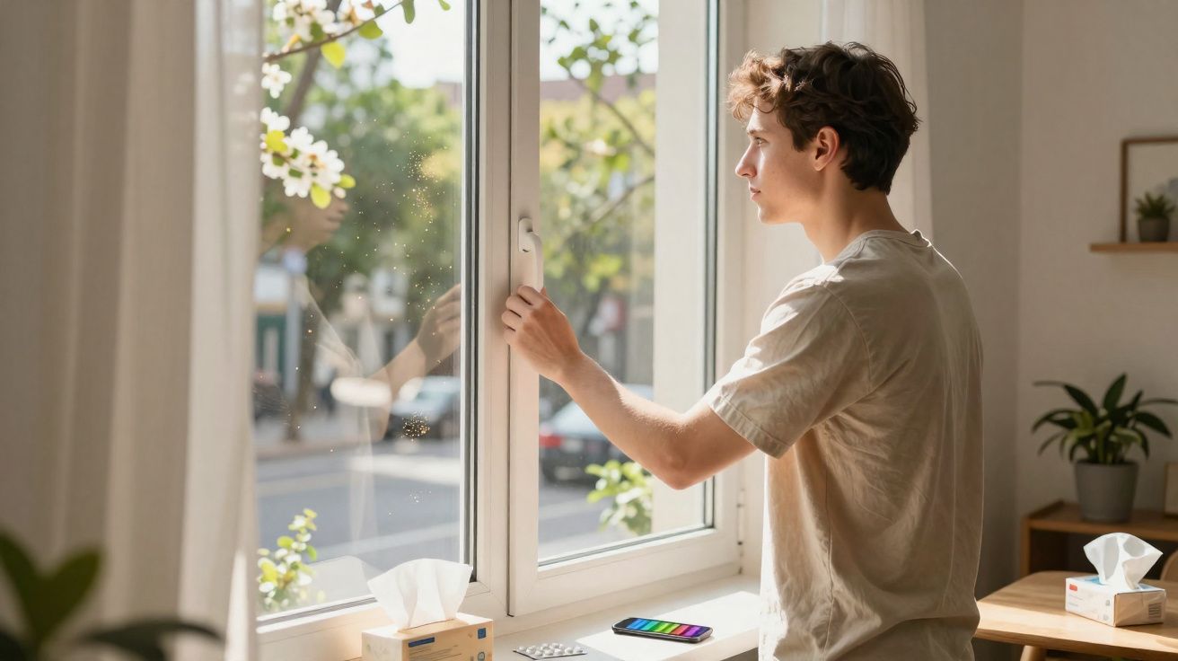 Jovem abrindo janela em ambiente iluminado com celular, lenços e plantas ao redor.