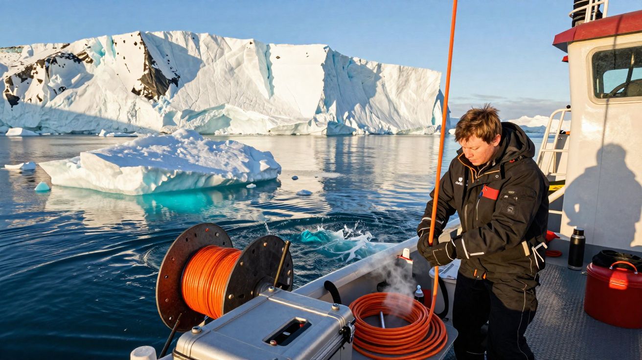 Pesquisador em barco ao lado de iceberg, manipulando cabo laranja próximo a equipamento no mar gelado.