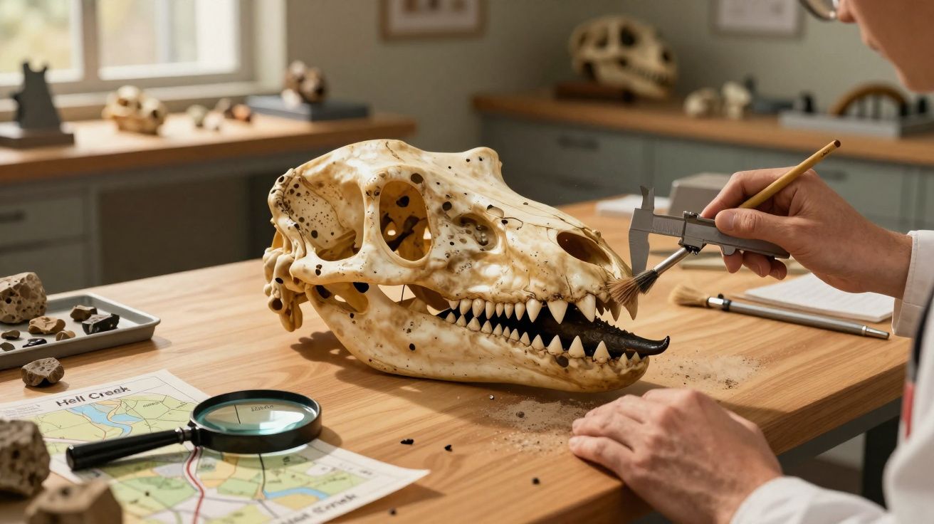 Pessoa usando um calibrador e pincel para analisar crânio fossilizado sobre mesa de madeira.