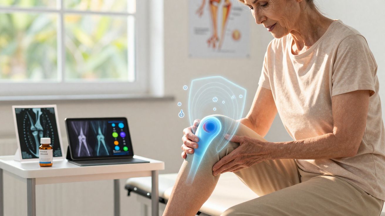 Mulher idosa sentada segurando o joelho com dor, com imagens médicas e medicamentos ao fundo.