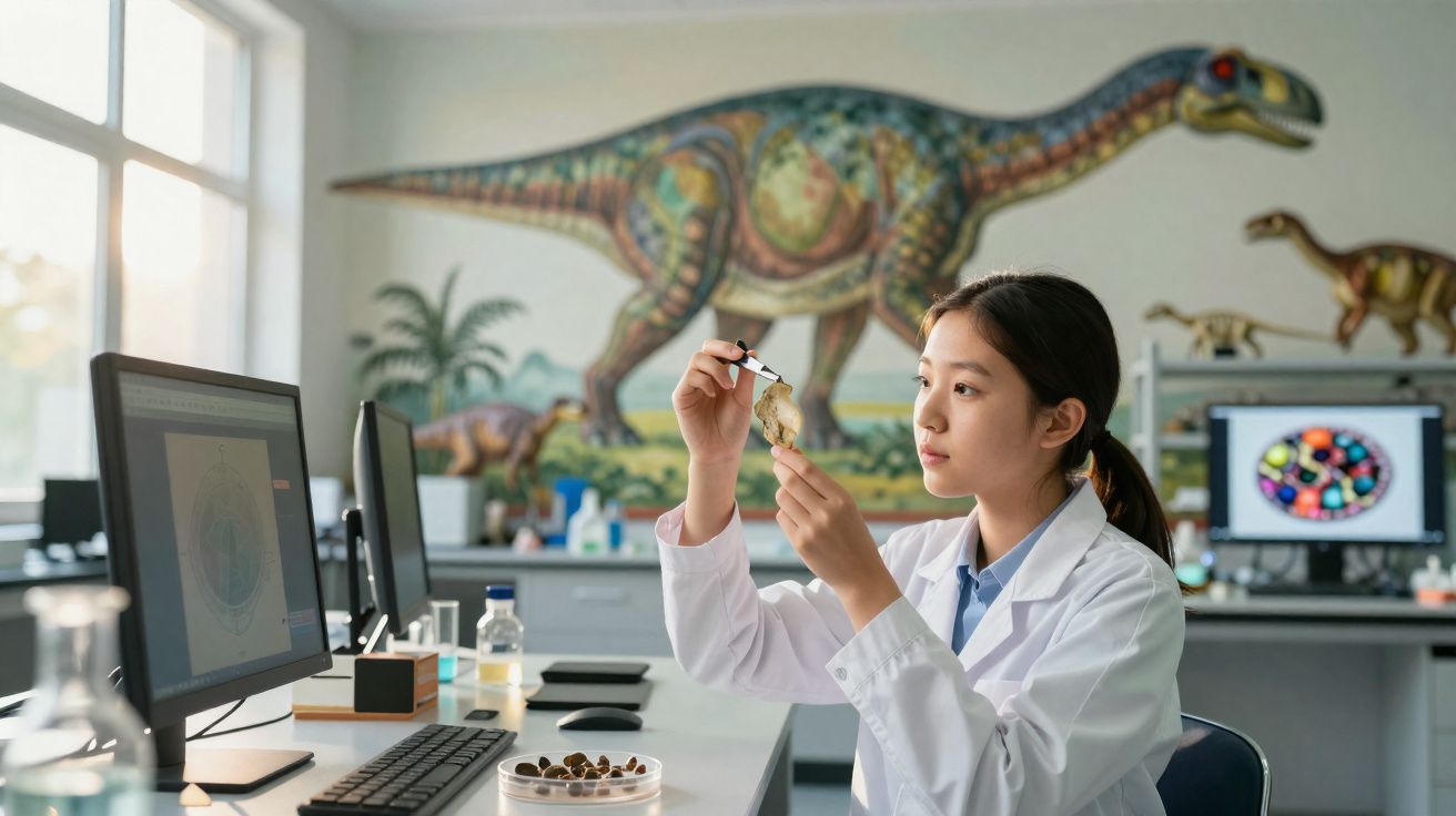 Pesquisadora em laboratório examina fóssil de dinossauro com mural de dinossauros ao fundo.