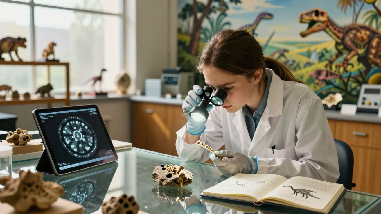 Cientista observa fóssil com lupa em laboratório decorado com dinossauros e livros abertos.