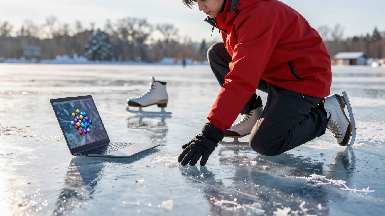 Pessoa de casaco vermelho agachada no gelo ao lado de laptop e patins de gelo brancos.