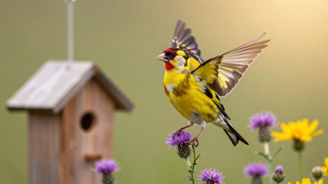 Pássaro amarelo com detalhes vermelhos e pretos pousando em flor roxa ao lado de casinha de madeira.