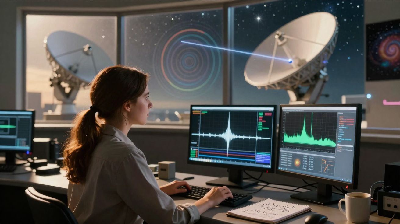 Mulher analisando dados em três telas de computador em laboratório com antenas parabólicas ao fundo.