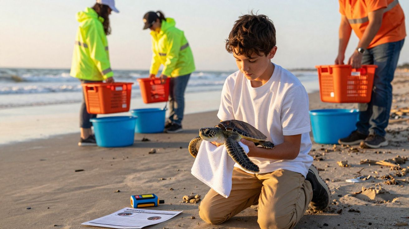 Criança segura tartaruga marinha na praia enquanto voluntários coletam dados e caixas ao fundo.