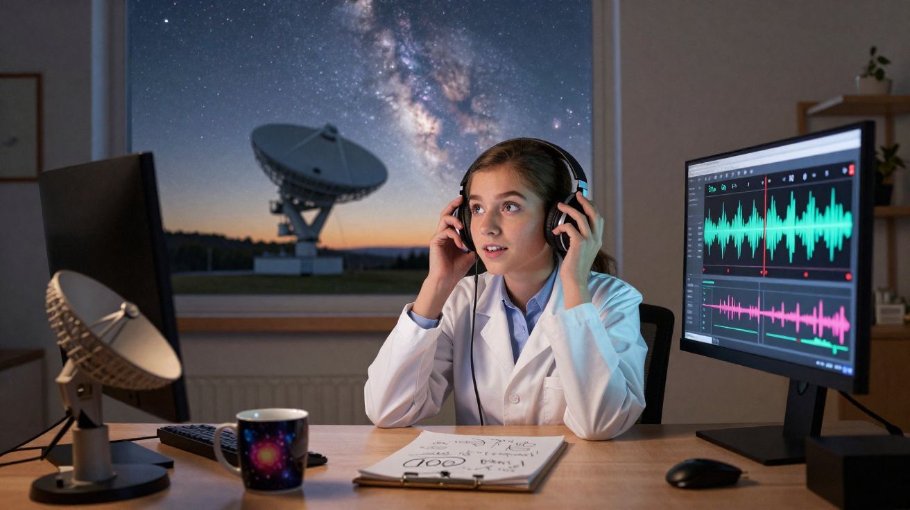 Jovem cientista com fone de ouvido em laboratório de astronomia, com telas e antena parabólica ao fundo.