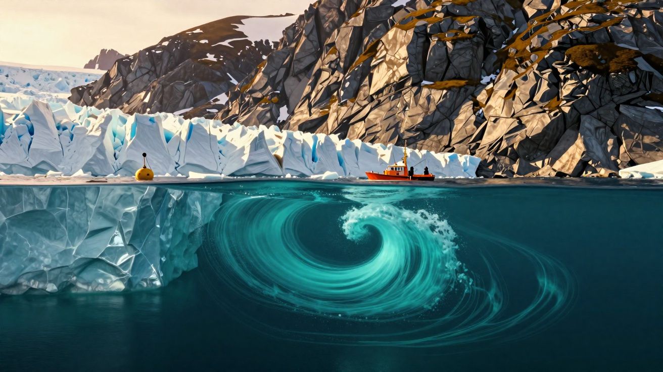 Costas rochosas cobertas de gelo, barco laranja na superfície e redemoinho azul subaquático em águas frias.