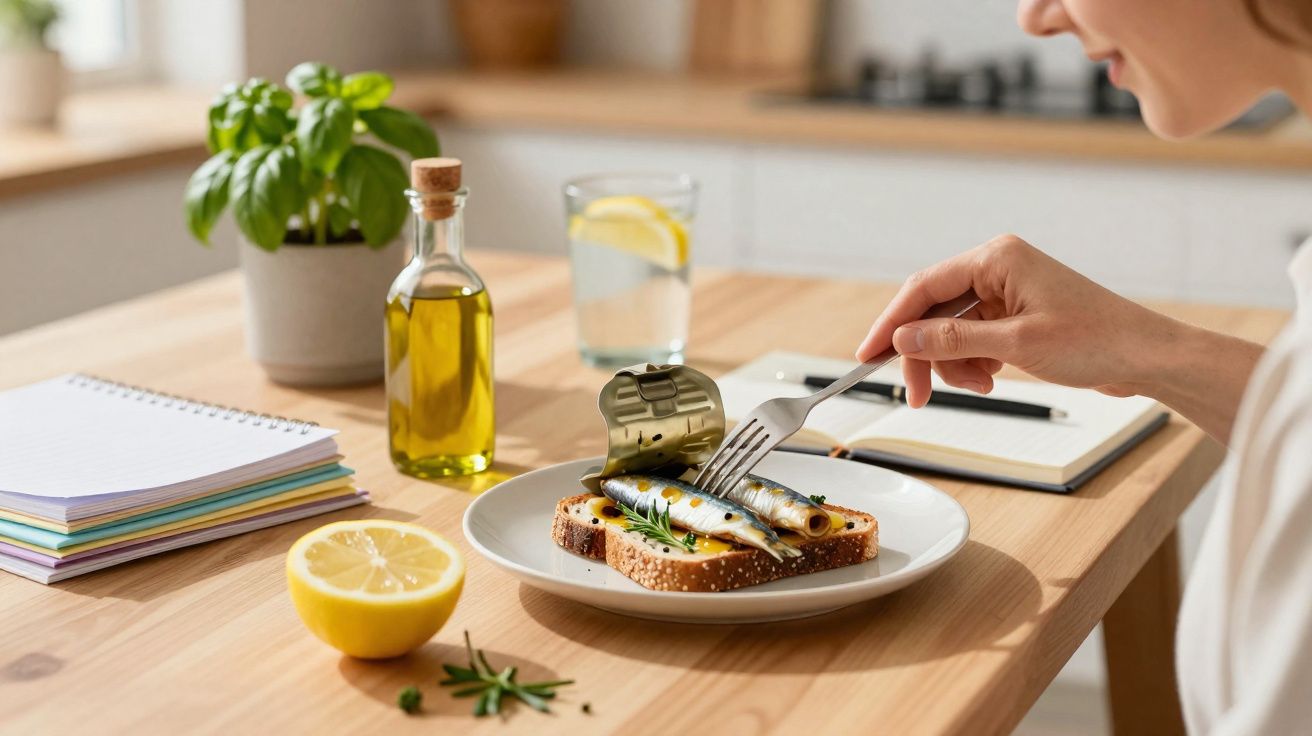 Pessoa comendo torrada com sardinha, limão, azeite e caderno em mesa de cozinha iluminada.