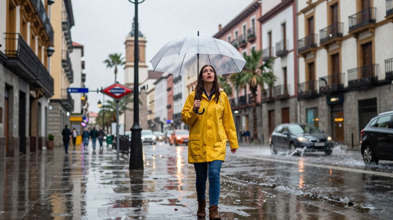 Mulher com capa amarela e guarda-chuva transparente caminha em rua molhada e chuvosa de cidade.