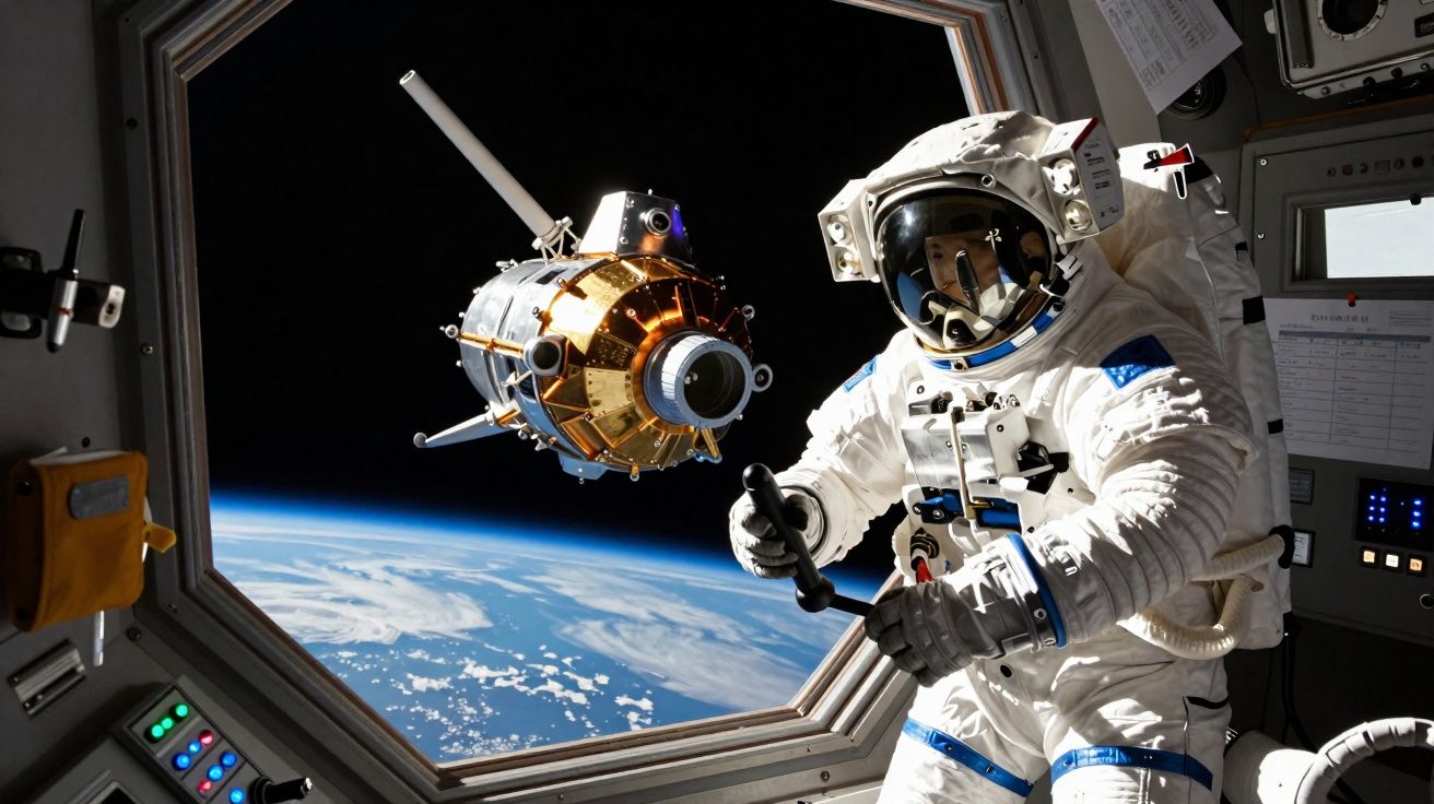 Astronauta em traje espacial dentro de estação espacial com vista da Terra e satélite ao fundo.