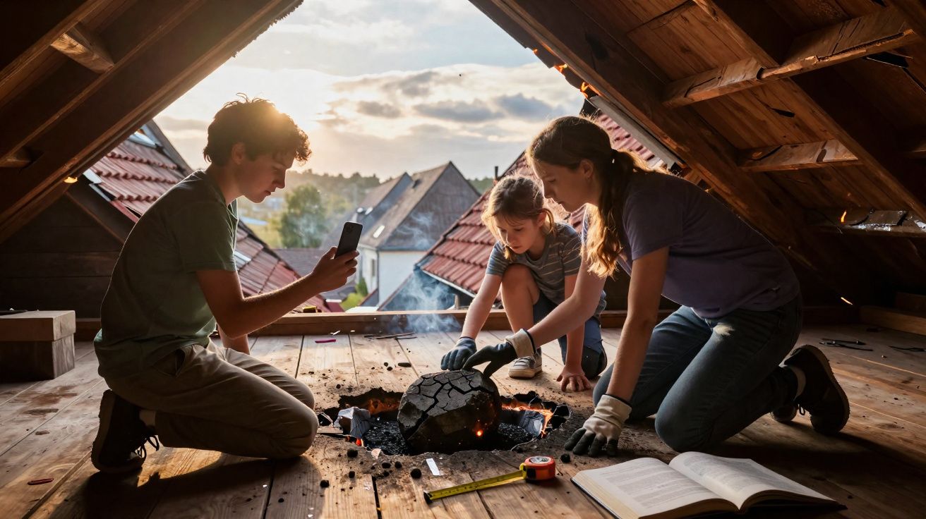 Três crianças exploram um buraco no assoalho de um sótão iluminado pela luz do dia, com livros e ferramentas ao redor.