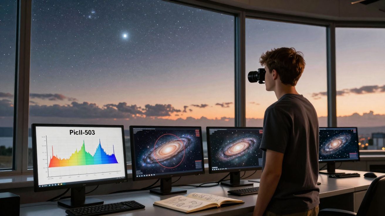 Jovem observa o céu com binocular ao lado de quatro monitores exibindo galáxias e gráficos coloridos.