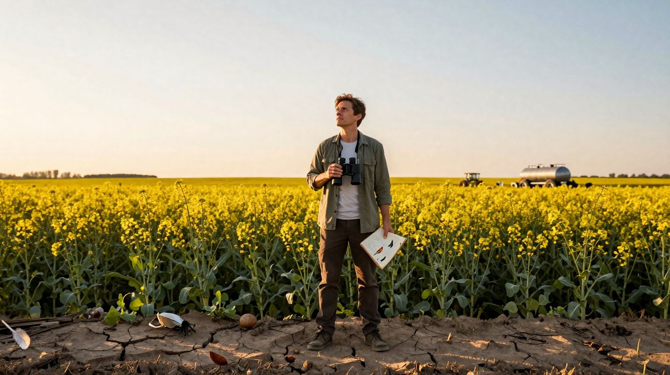 Homem em campo de flores amarelas observa paisagem segurando binóculos e caderno, solo seco à frente.