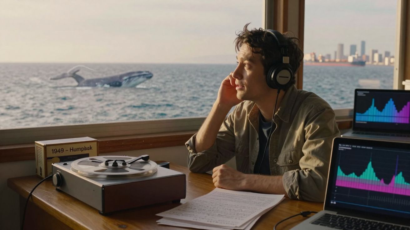 Homem com fones em barco observa baleia jubarte saltando enquanto analisa gráficos em laptop e toca-fitas antigo.