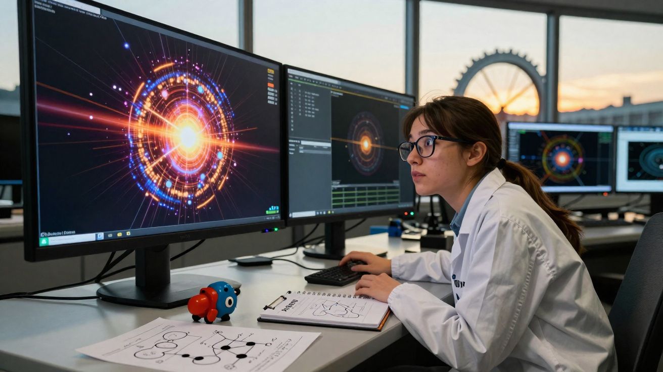 Mulher cientista analisando dados de simulação espacial em múltiplos monitores em laboratório moderno.