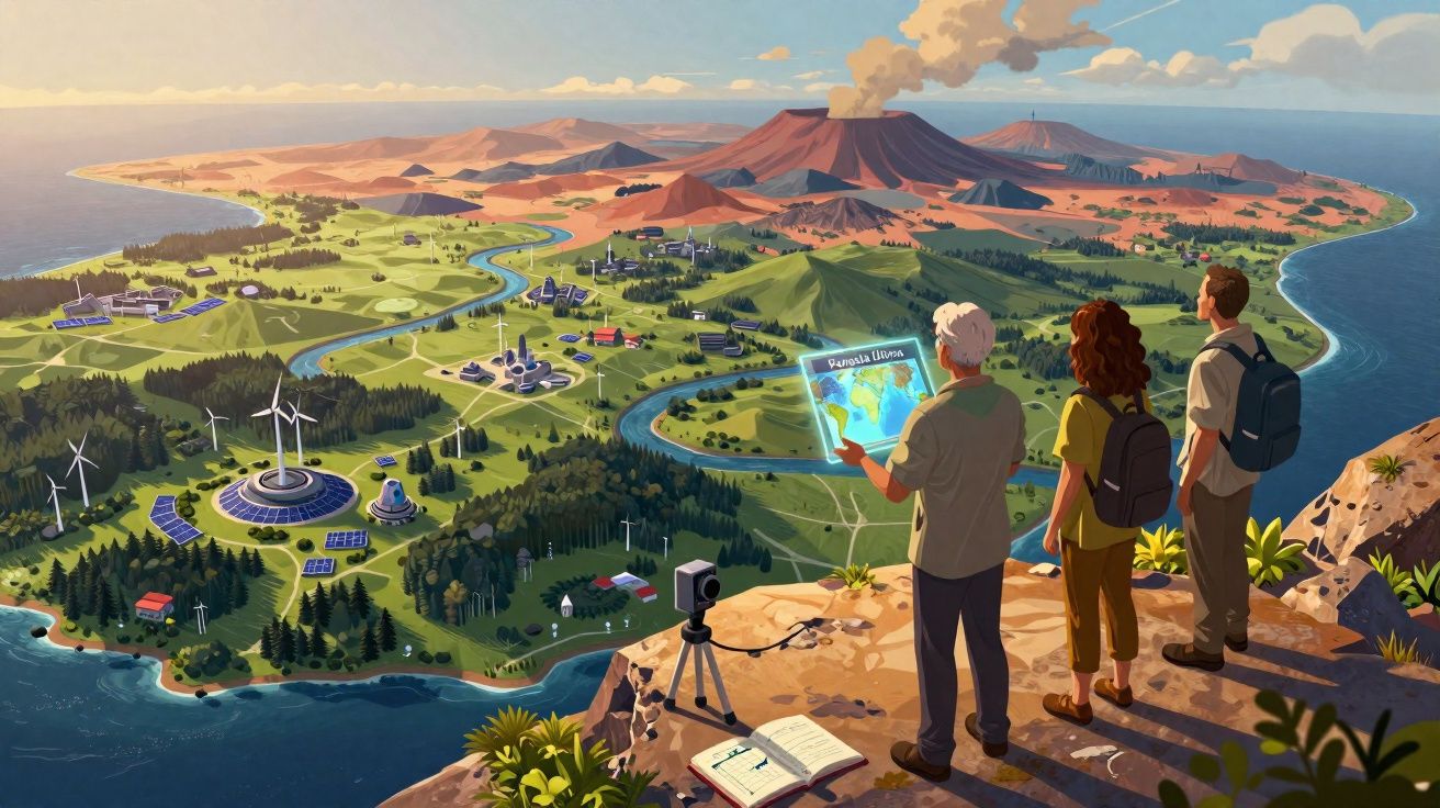 Três pessoas observam um mapa em ilha com vulcão ativo, turbinas eólicas e painéis solares em cenário natural.