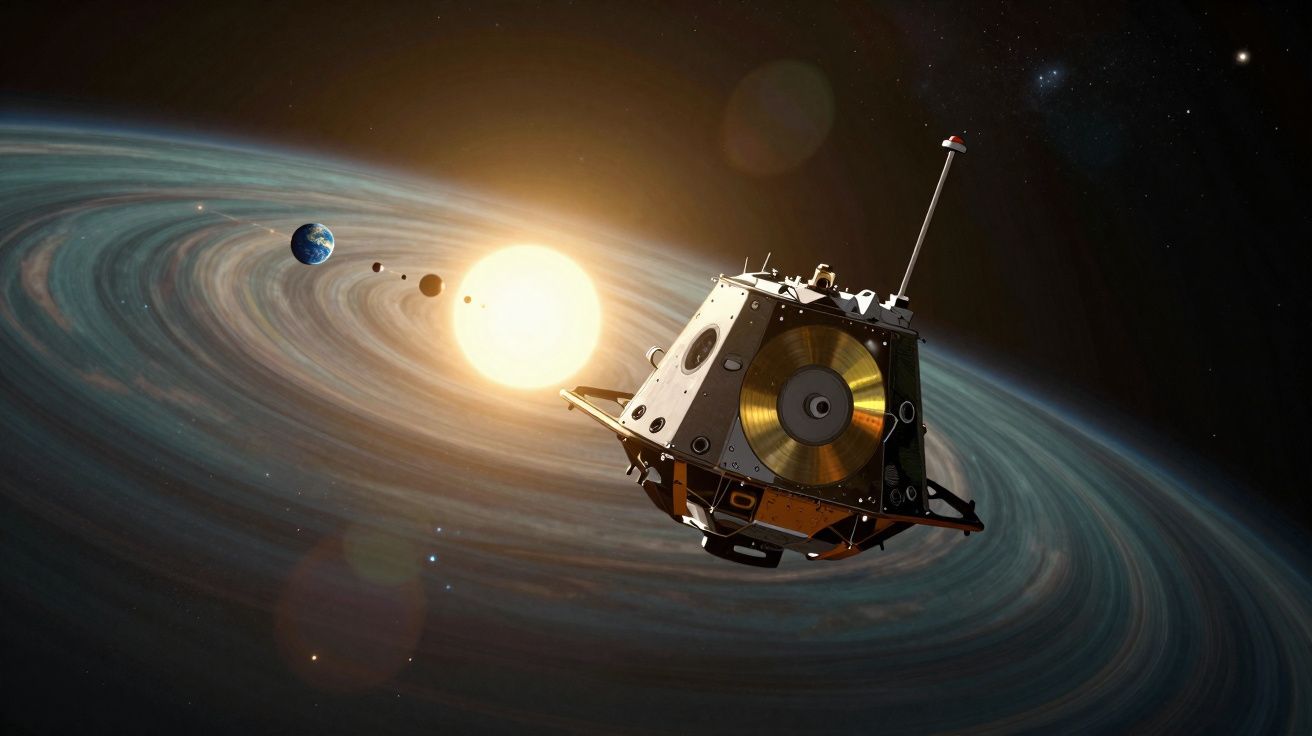 Nave espacial da sonda Voyager perto do sistema solar com planetas alinhados ao redor do Sol.