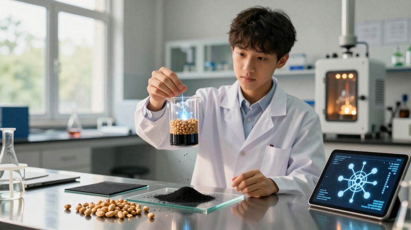 Jovem cientista em laboratório realizando experimento com grãos e energia elétrica em béquer.