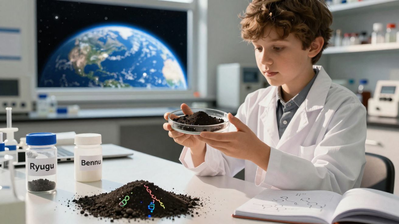 Criança em jaleco de cientista segurando placa de Petri com terra em laboratório com Terra na tela ao fundo.