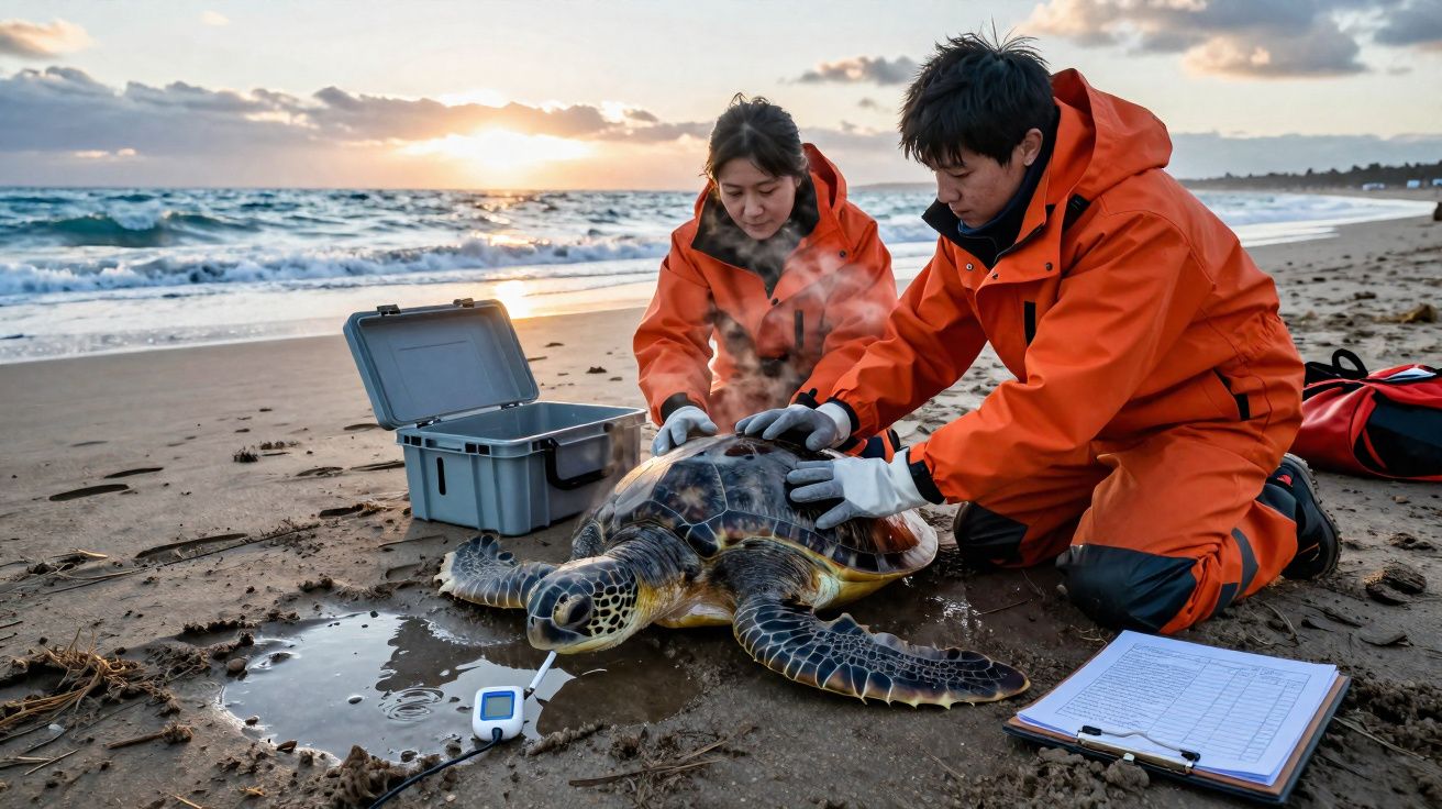 Dois pesquisadores em roupas laranja tratam uma tartaruga marinha em uma praia ao pôr do sol.