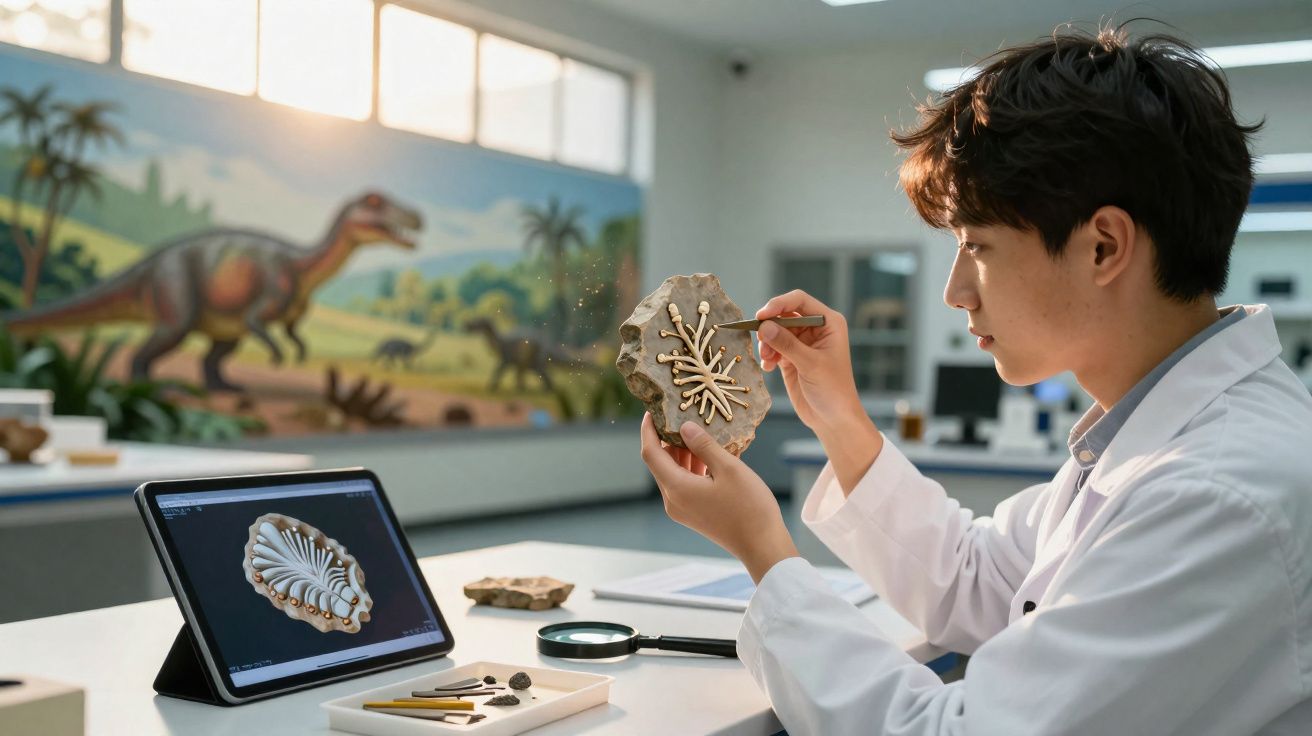Jovem cientista em laboratório estudando fóssil de planta em pedra, com tablet e lupa na mesa.