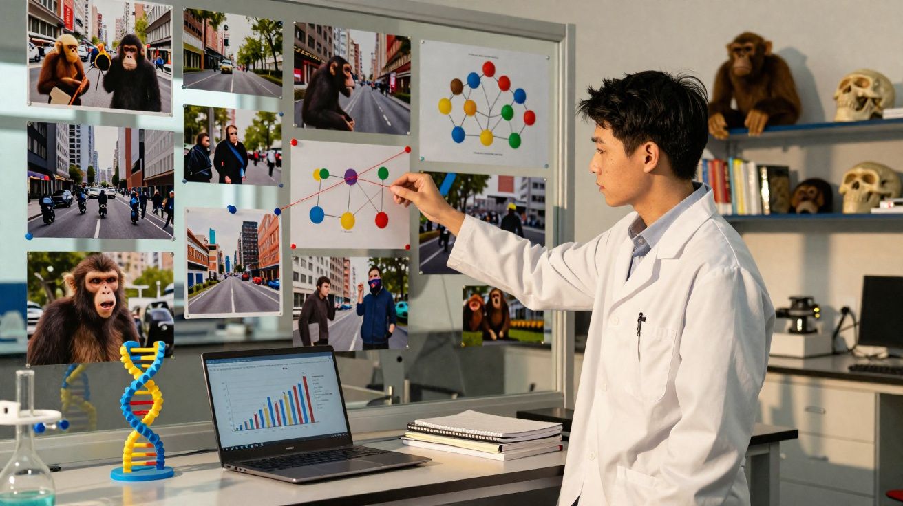 Pesquisador em laboratório analisando gráficos e fotos de macacos para estudo científico.