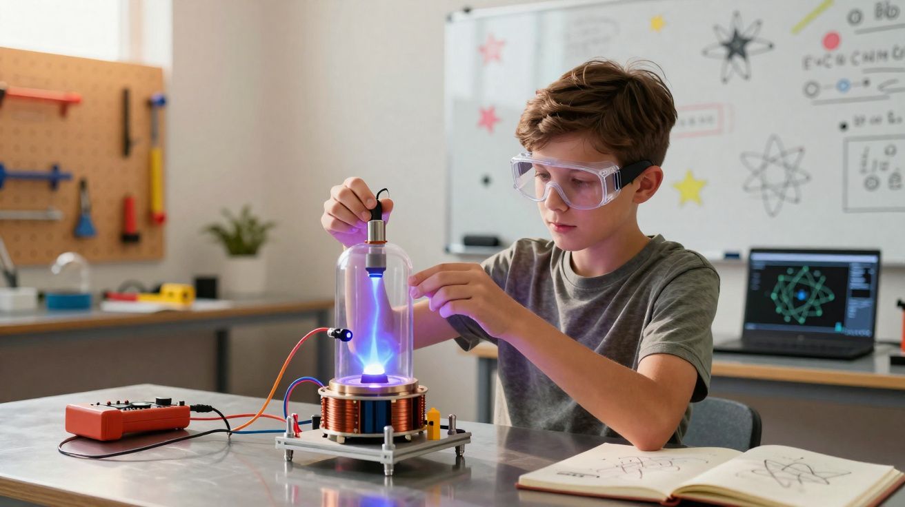 Menino usando óculos de proteção realizando experimento científico com equipamento elétrico em laboratório.