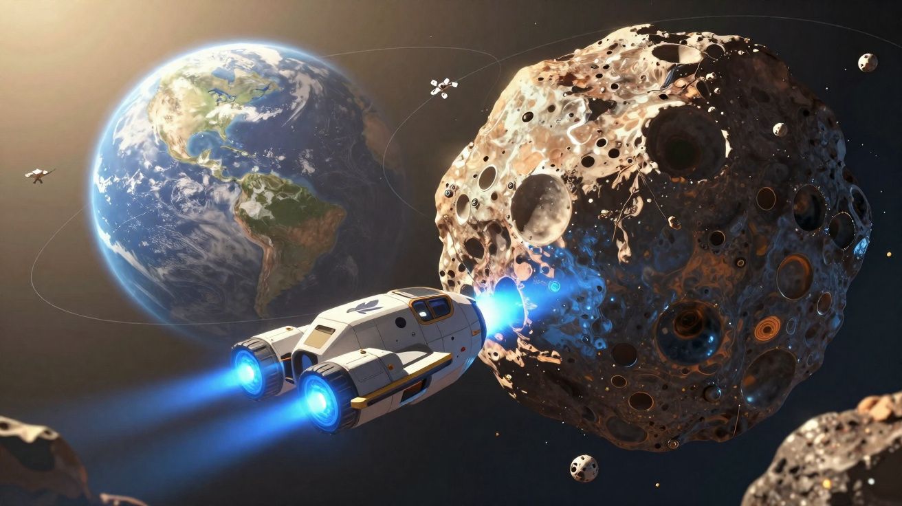 Nave espacial passando próximo a um asteroide com a Terra ao fundo no espaço sideral.