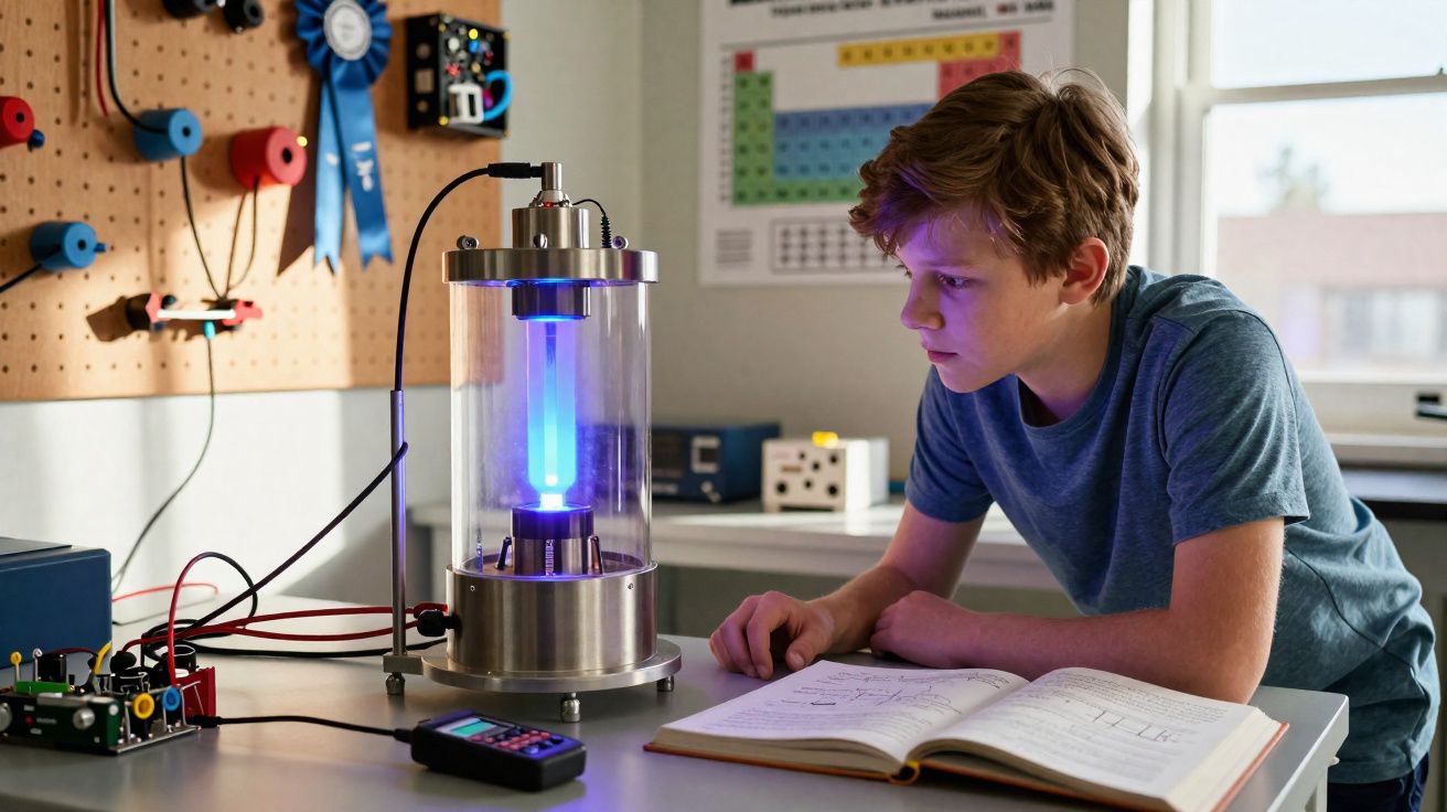 Menino observando experimento com tubo de luz azul em laboratório escolar com livro aberto na mesa.