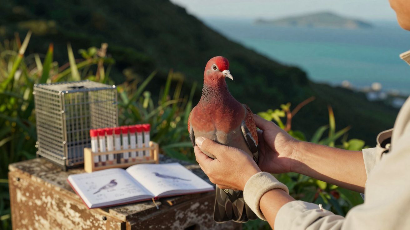 Pessoa segurando pombo vermelho com material científico e paisagem ao fundo