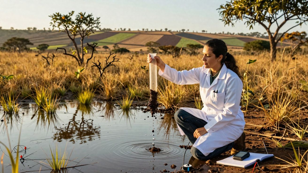 Mulher de jaleco coleta amostra de solo em área alagada com caderno e equipamento à beira d’água.