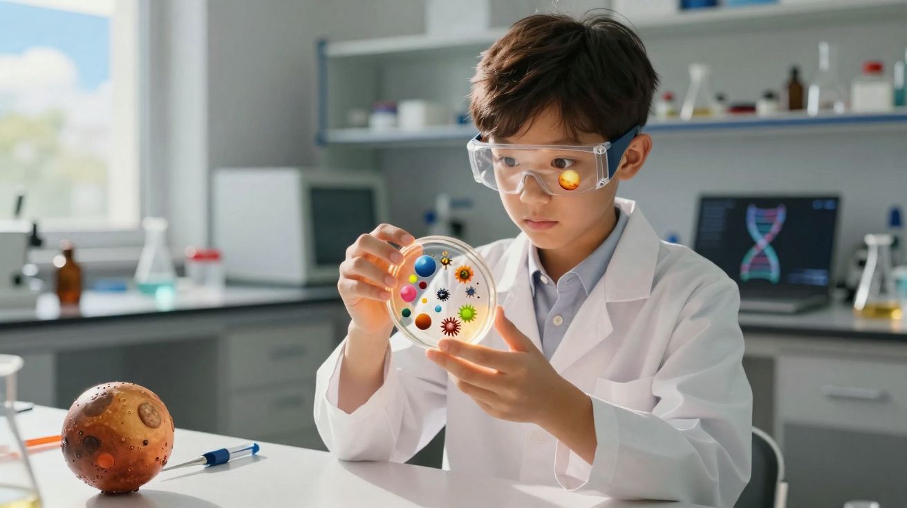 Criança com jaleco e óculos de proteção segurando placa de petri colorida em laboratório.