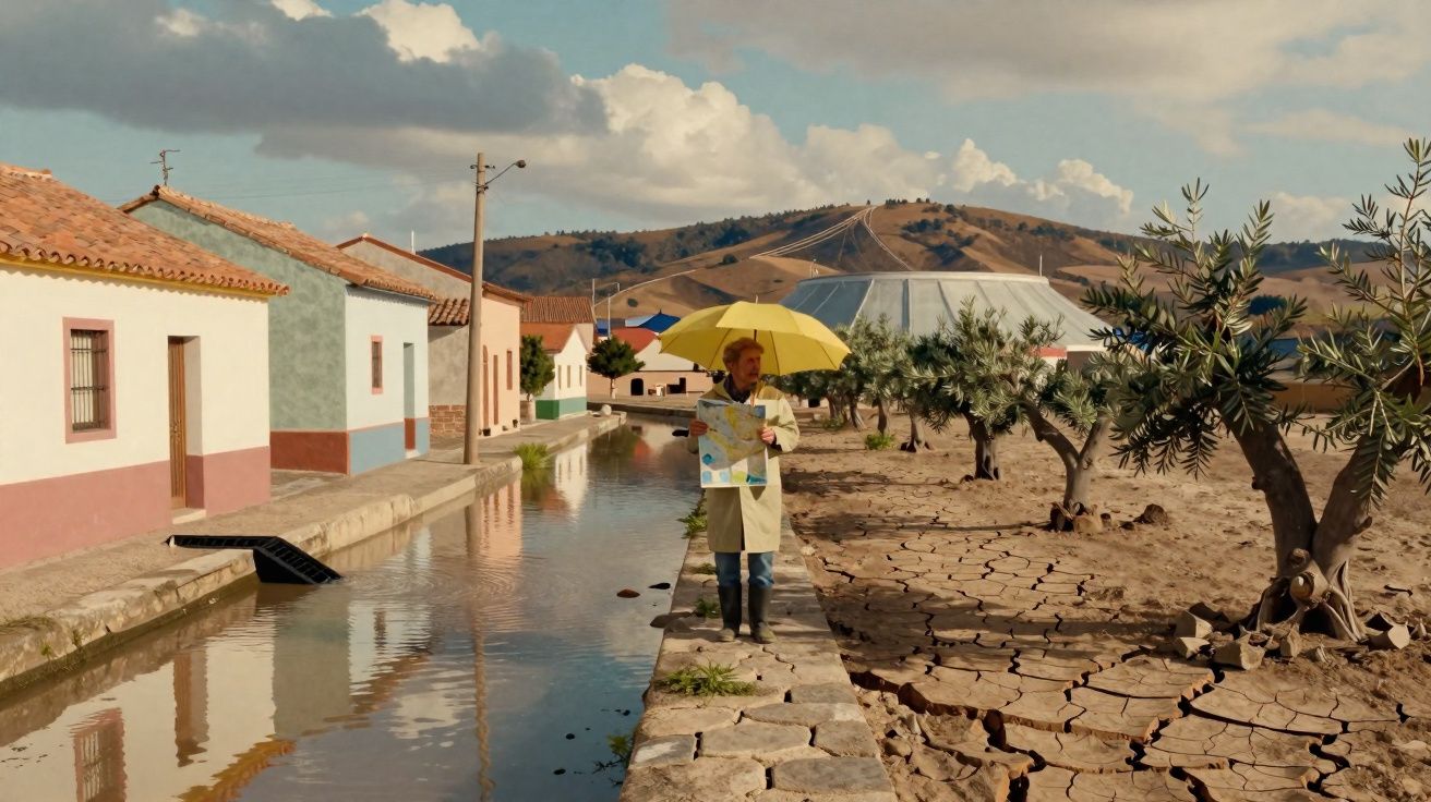 Homem com guarda-chuva amarelo segurando mapa ao lado de canal de água; chão ao lado está seco e rachado.