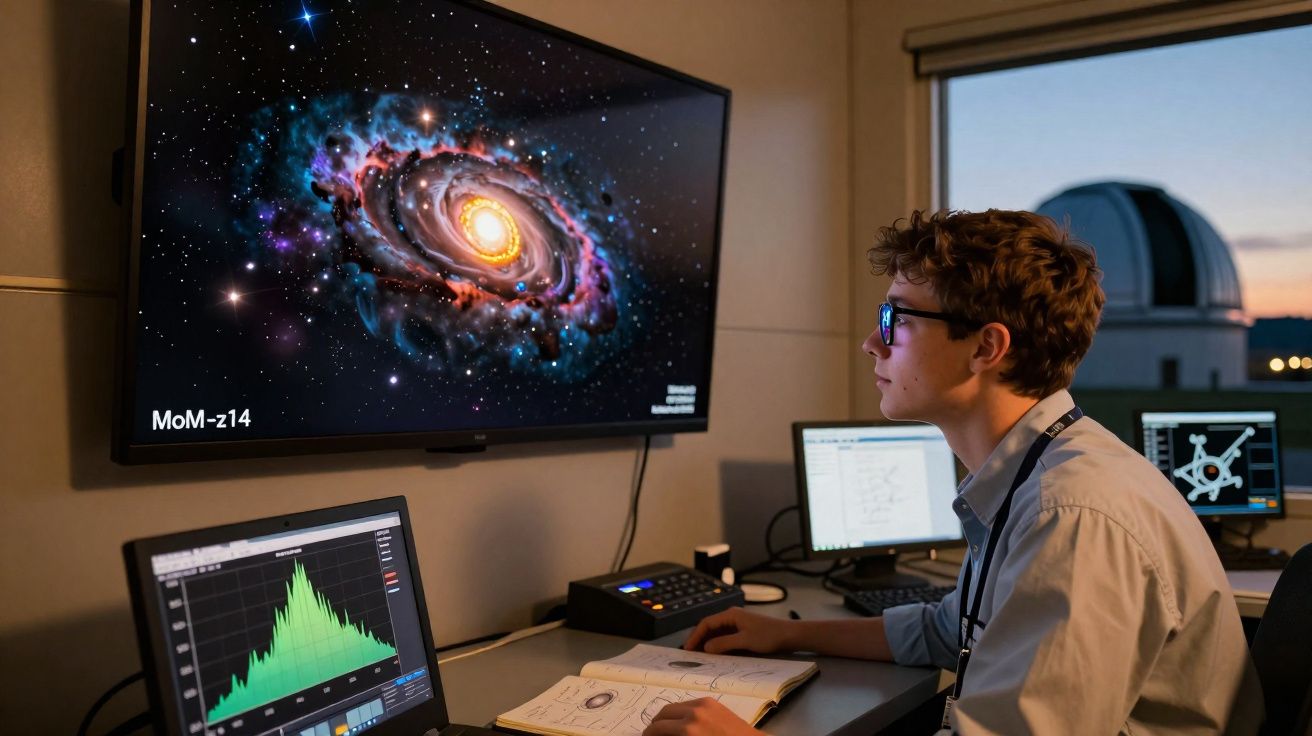 Jovem observa imagem de galáxia na tela enquanto trabalha com dados astronômicos em ambiente de observatório.