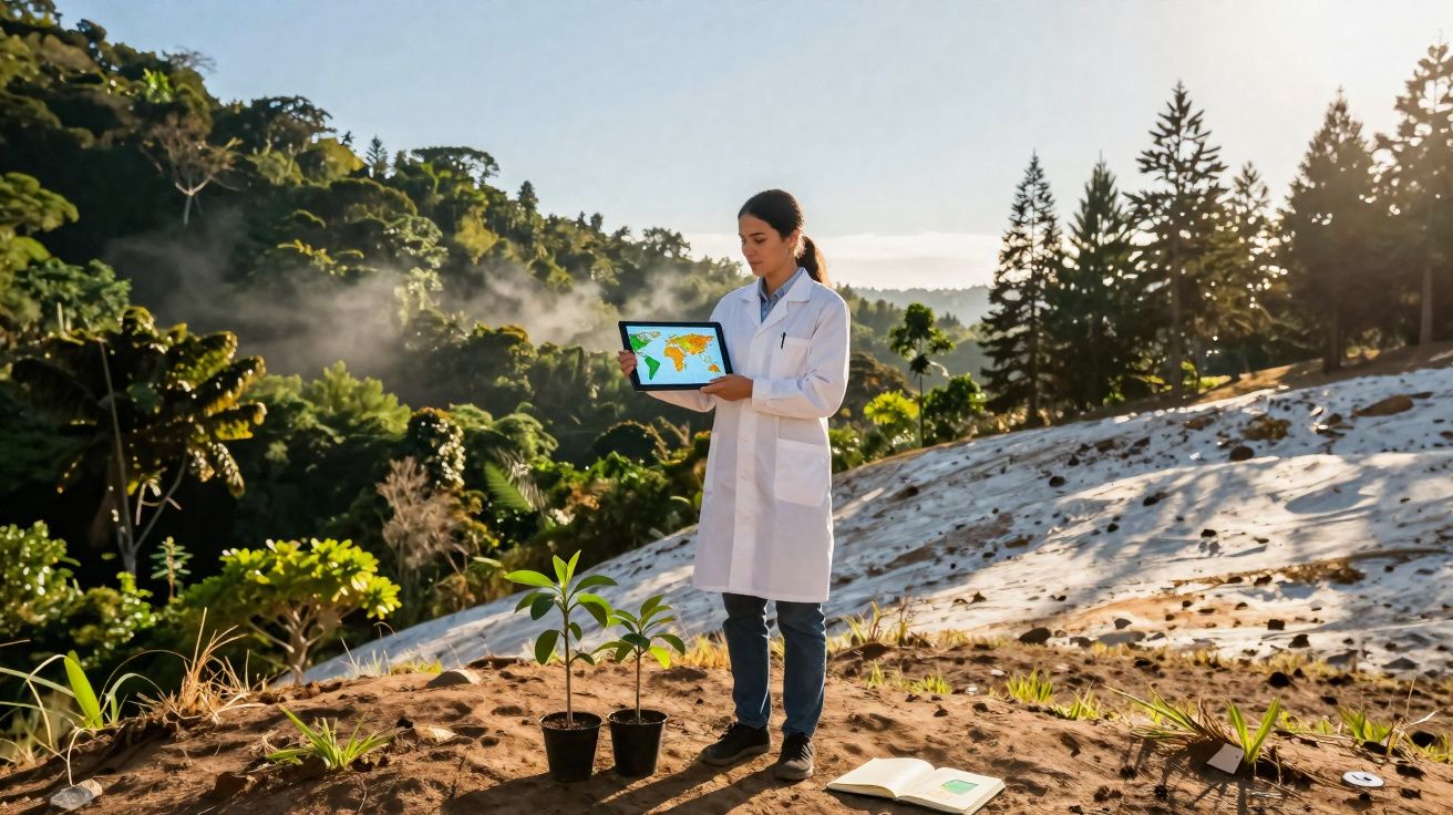 Mulher cientista em jaleco branco segura tablet com mapa, cercada por plantas e natureza ao ar livre.