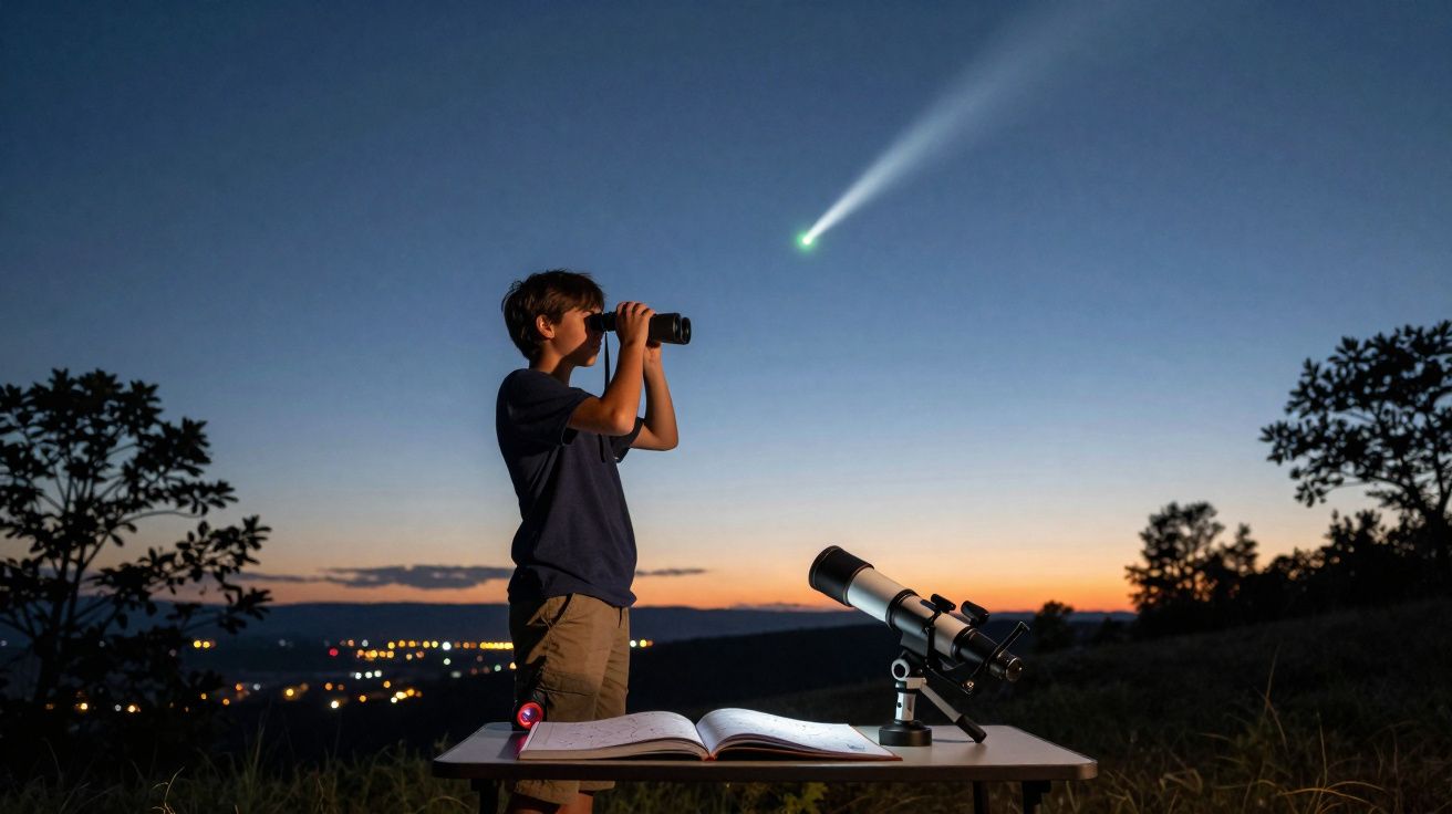 Menino observa com binóculos com cometa no céu ao entardecer, mesa com telescópio e livro à sua frente.