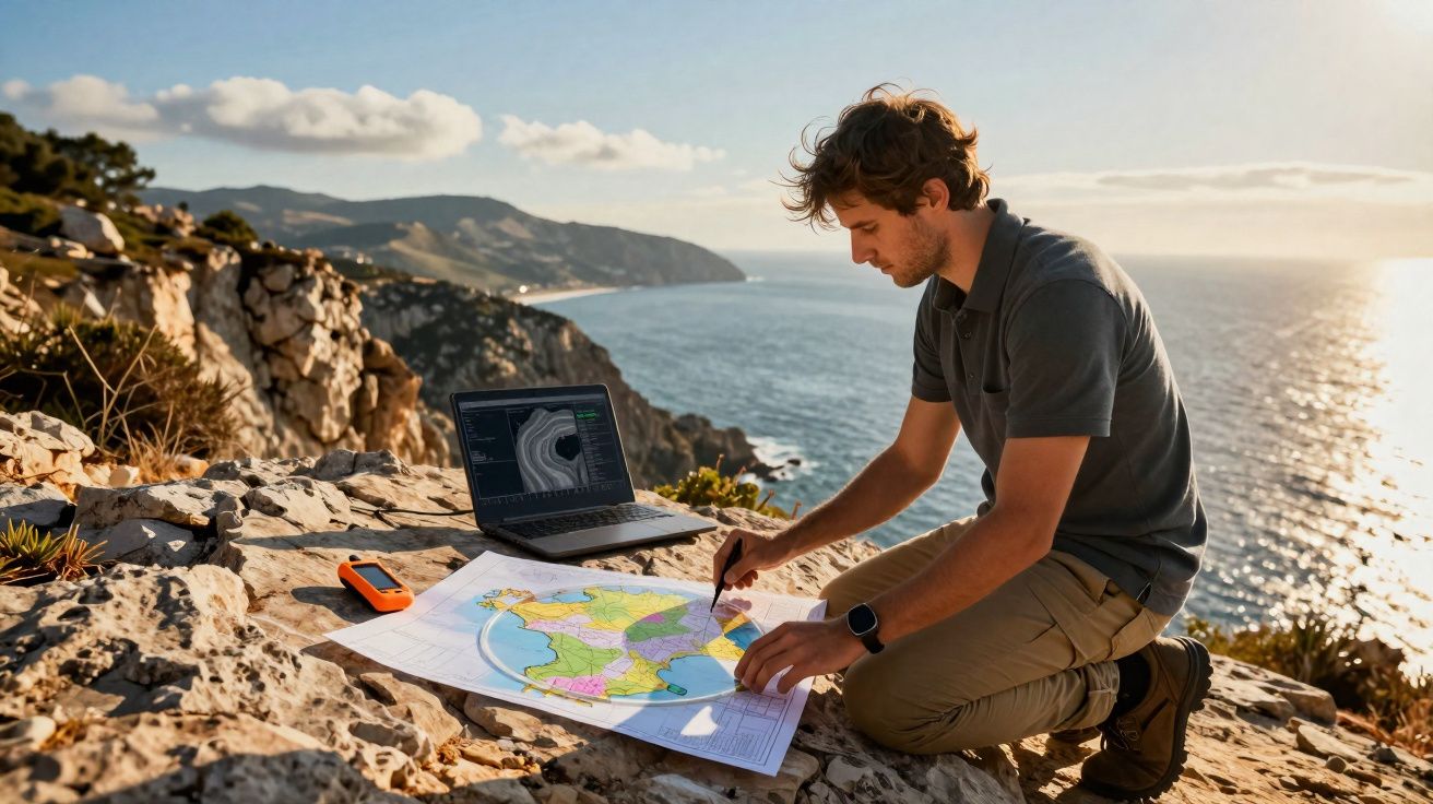 Homem analisa mapa e usa laptop em penhasco com vista para o mar ao pôr do sol.