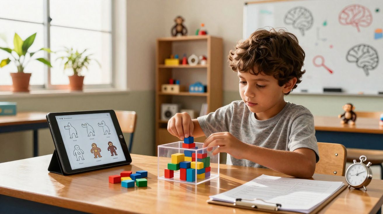 Criança com camiseta cinza brinca com blocos coloridos enquanto assiste aula em tablet na sala de aula.