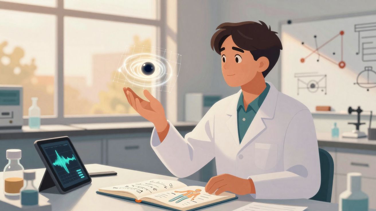 Pesquisador em laboratório analisa holograma de olho enquanto consulta livro e tablet com dados científicos.