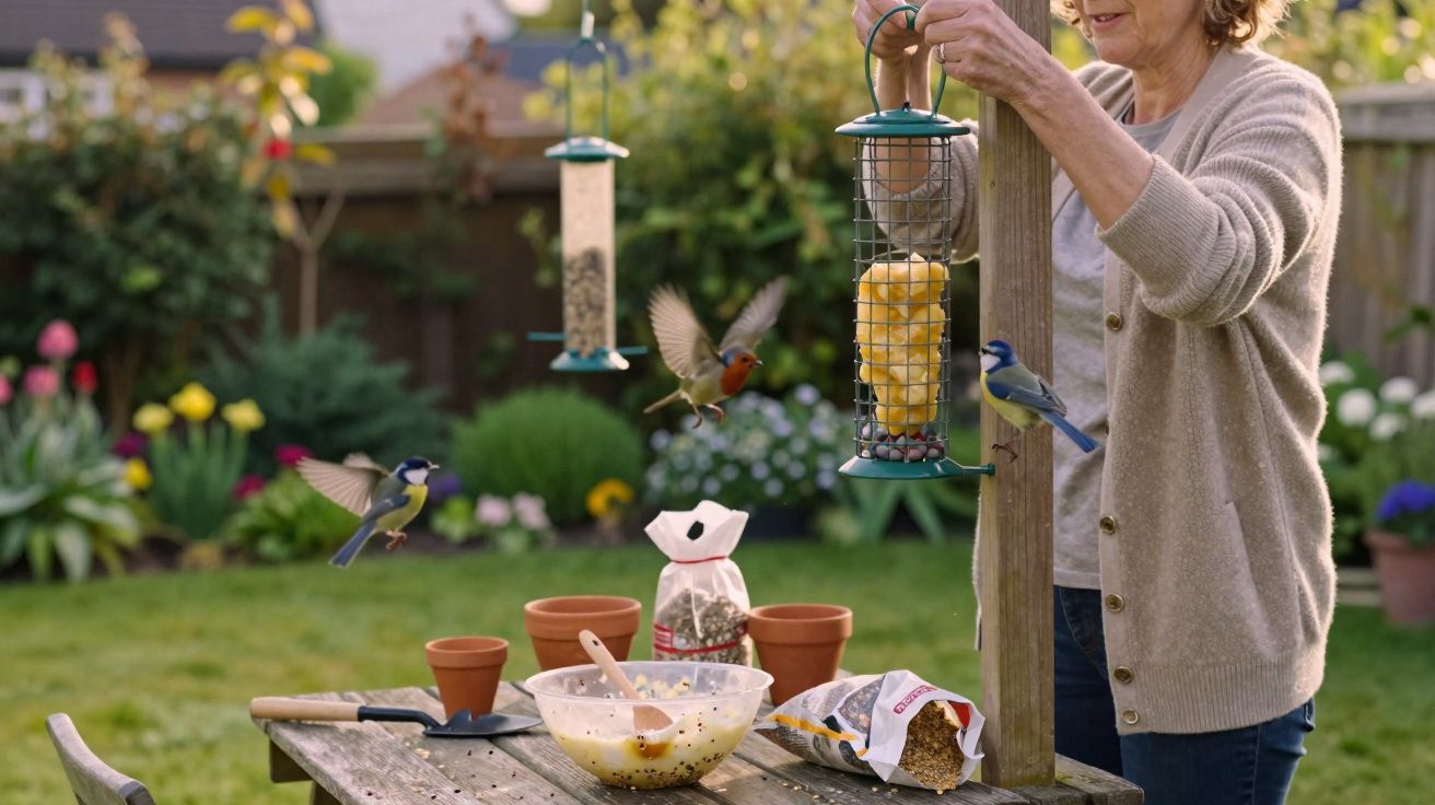 Mulher alimenta pássaros em comedouros no jardim com vasos e sementes sobre mesa de madeira.
