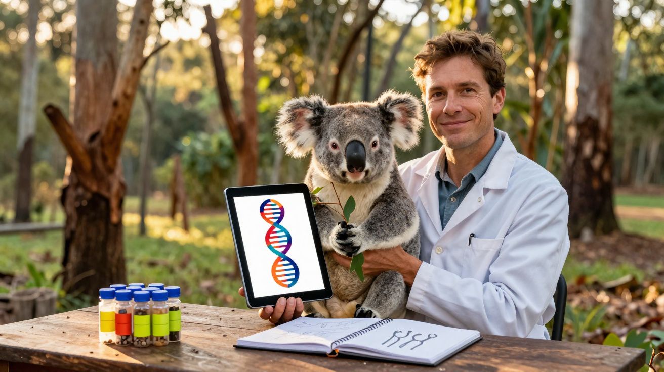 Homem de jaleco segurando coala com tablet mostrando DNA e frascos coloridos sobre mesa ao ar livre.