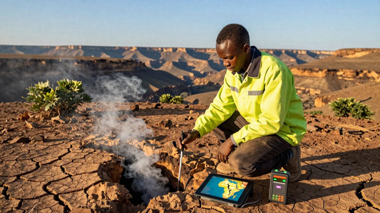 Homem em jaqueta amarela coleta amostras de fenda no solo seco com equipamentos de análise em área árida.