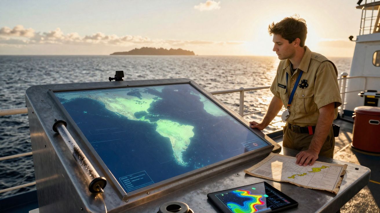 Marinheiro analisando um mapa digital do continente americano no convés de um navio ao pôr do sol.