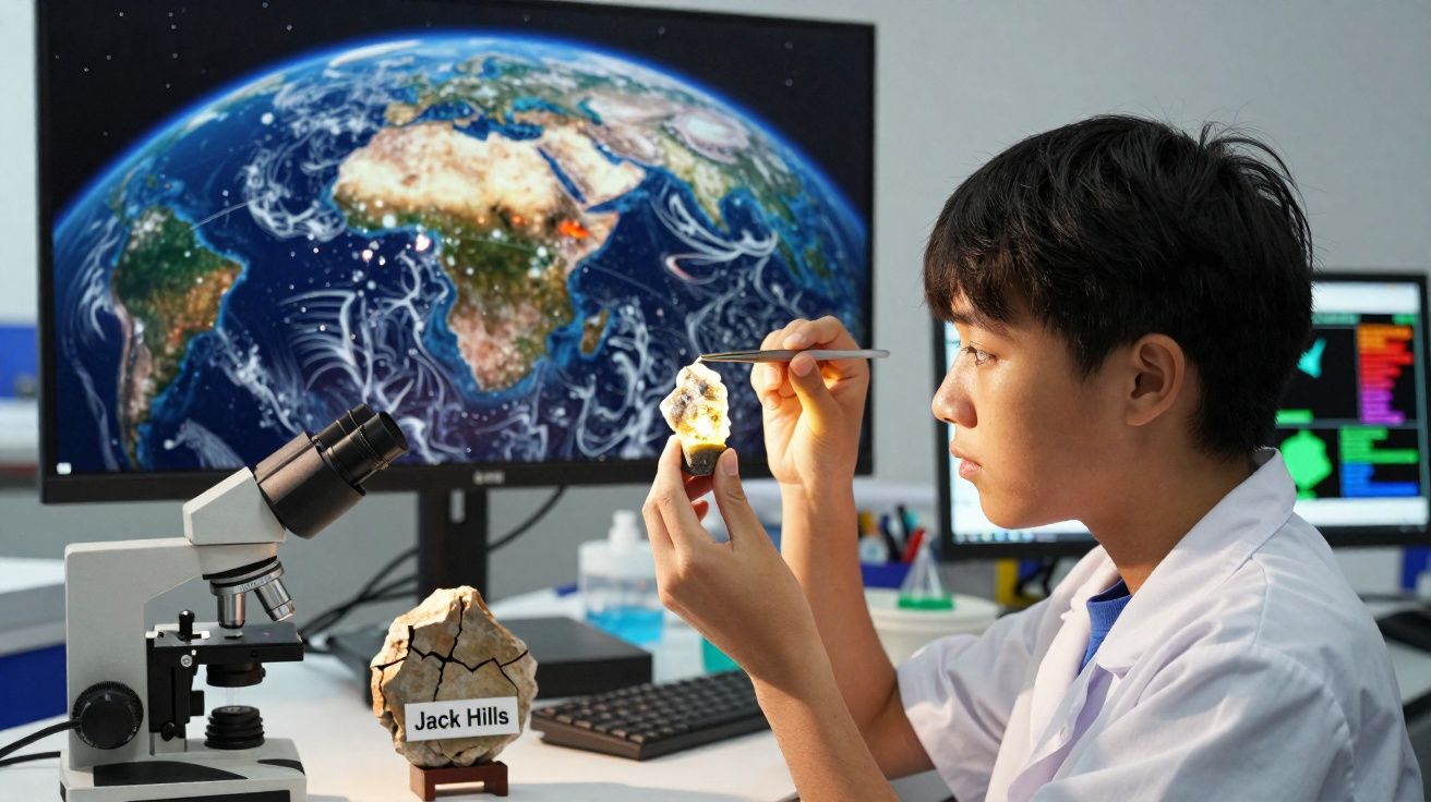 Jovem cientista analisa uma rocha com pinça em laboratório, com mapa-múndi digital ao fundo.