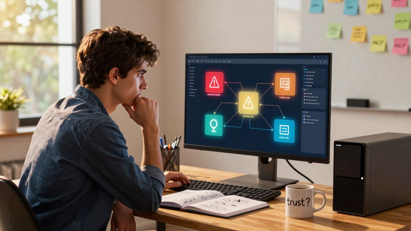 Jovem concentrado em computador com tela exibindo fluxograma de alertas de segurança cibernética.