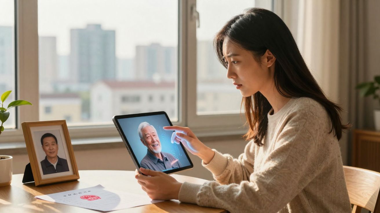 Jovem mulher faz videochamada com homem idoso em tablet, sentada à mesa perto da janela.