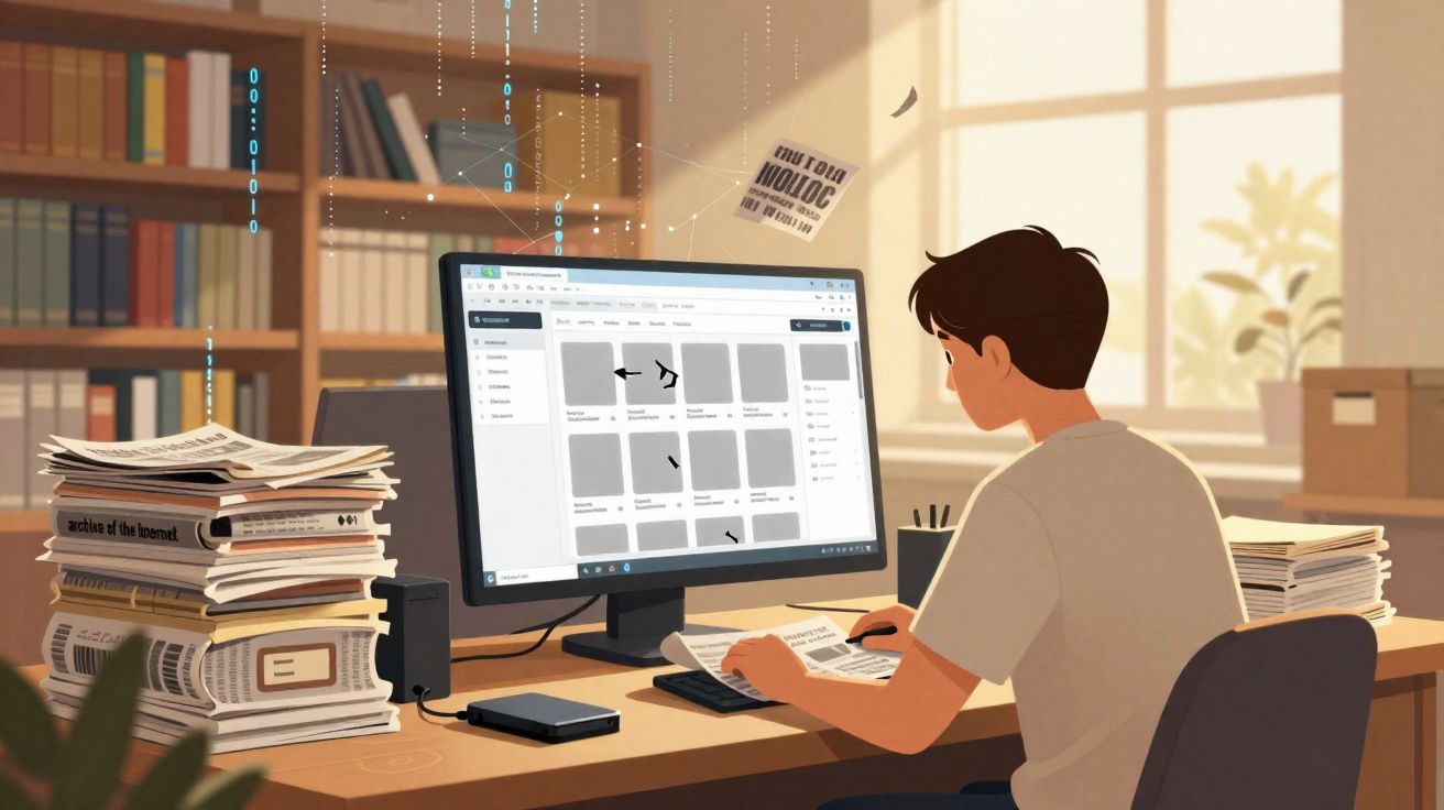 Pessoa sentada em escritório, trabalhando com arquivos digitais no computador e pilhas de documentos físicos.
