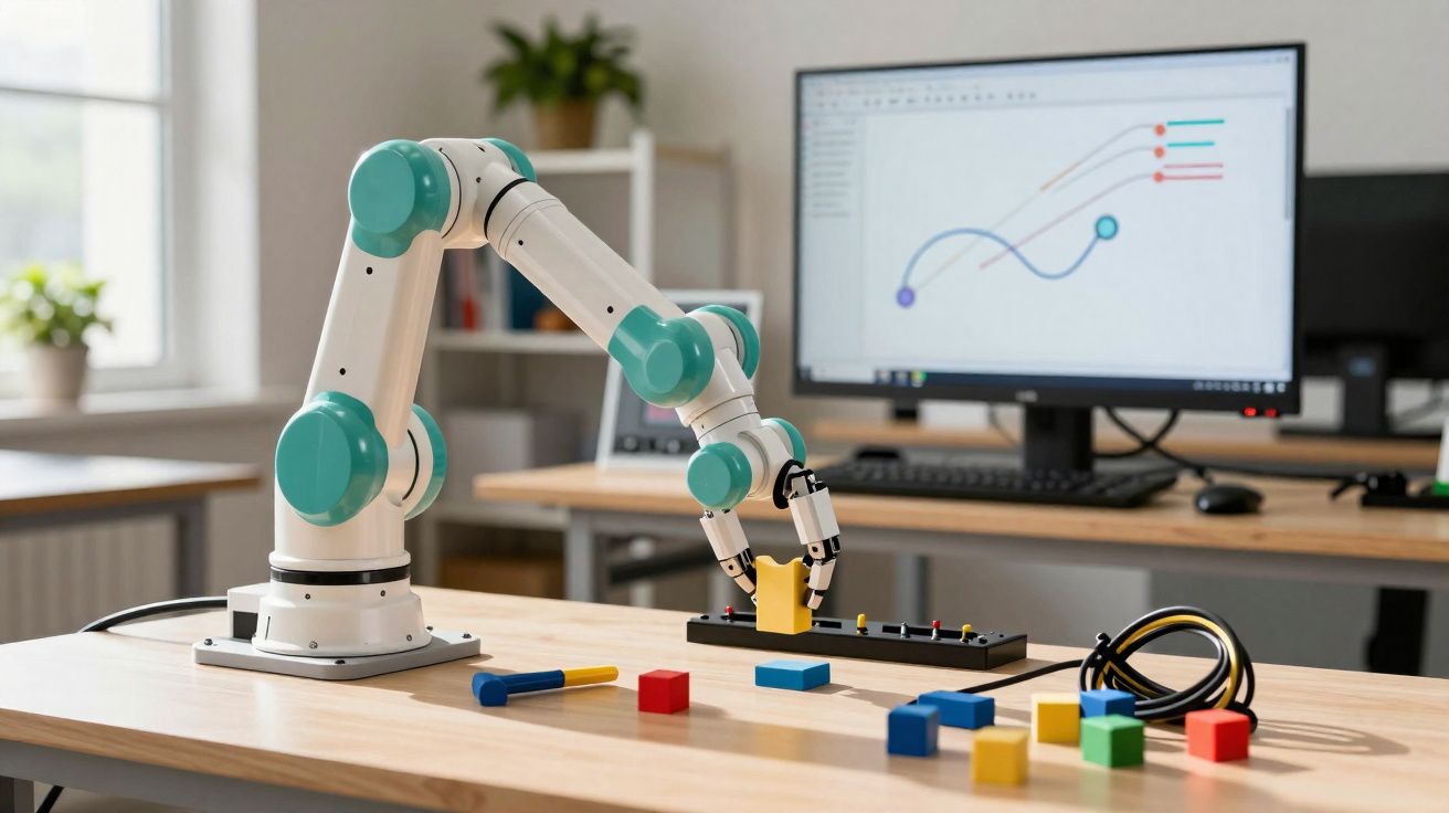 Braço robótico branco e verde manipulando peças coloridas sobre mesa em escritório tecnológico.