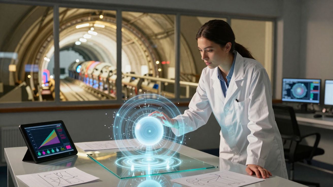 Cientista em laboratório interage com holograma tecnológico futurista sobre mesa de vidro.